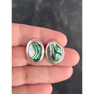 Mexican 925 Sterling Silver Abalone Shell Oval Shaped Pierced Earrings Vintage